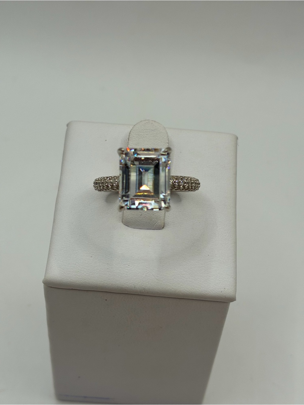 Sterling Silver 925 Emerald Cut Simulated Diamond Pave Ring Size 7 New